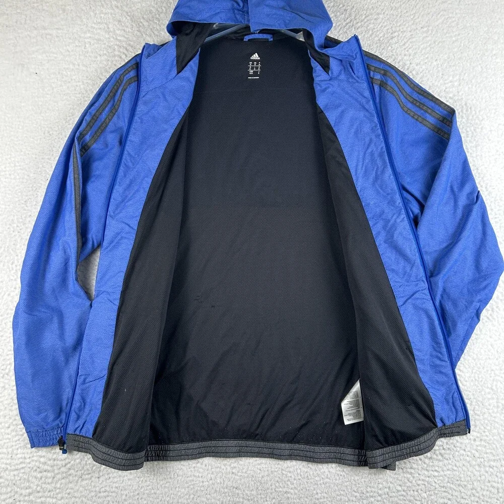 Adidas Jacket Mens Medium Blue Gray Hooded 3 Stripes Windbreaker Zip Up Athletic